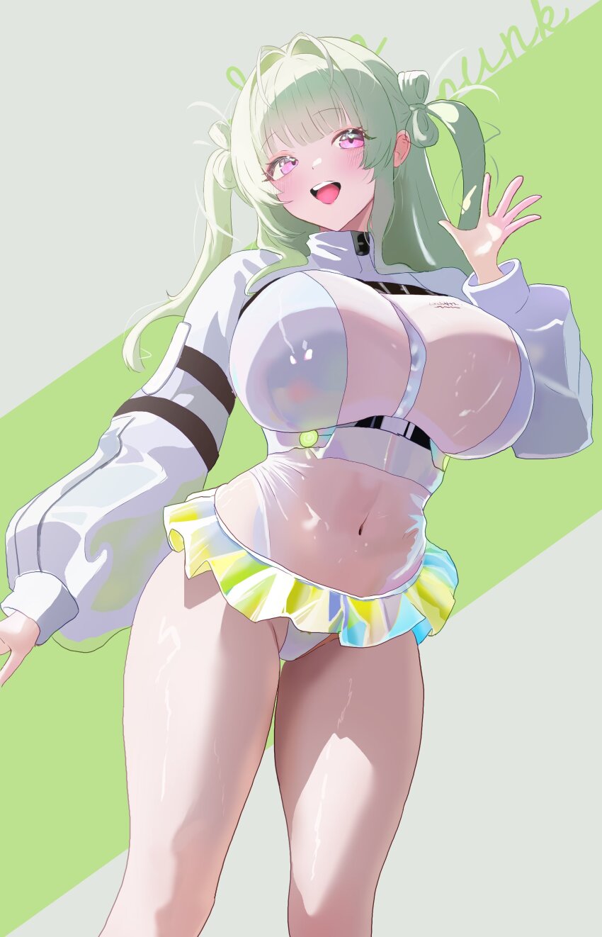 1girl absurdres antenna_hair blush breasts cyberpunk goddess_of_victory:_nikke green_background green_hair heart_antenna_hair highres huge_breasts jacket kotha_art long_hair microskirt open_mouth panties pleated_skirt puffy_sleeves purple_eyes see-through_clothes see-through_jacket see-through_midriff skirt smile soda_(nikke) solo underwear white_jacket