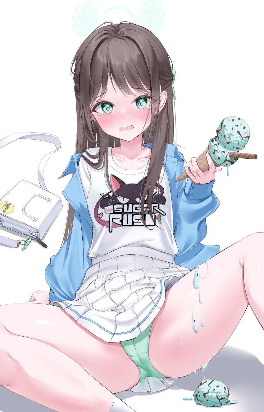 1girl @_@ absurdres accident airi_(band)_(blue_archive) airi_(blue_archive) bag blue_archive blush brown_hair collarbone crying double_scoop embarrassed food food_on_body food_on_legs green_panties highres holding holding_food holding_ice_cream holding_ice_cream_cone ice_cream ice_cream_cone ice_cream_cone_spill long_hair looking_at_viewer melting mint_chocolate official_alternate_costume open_mouth panties print_shirt sad shirt simple_background skirt solo spill tears underwear wfa5051 white_background white_skirt