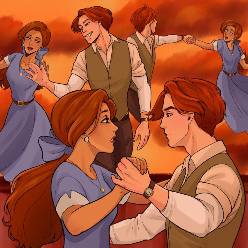 1boy 1girl anastasia_(1997) anya_(anastasia) bad_id bad_twitter_id blue_bow blue_dress bow dancing dimitri_(anastasia) dress earrings eye_contact green_vest hawklightt highres holding_hands jewelry looking_at_another ponytail red_hair short_hair short_sleeves smile solo sunset vest watch wristwatch