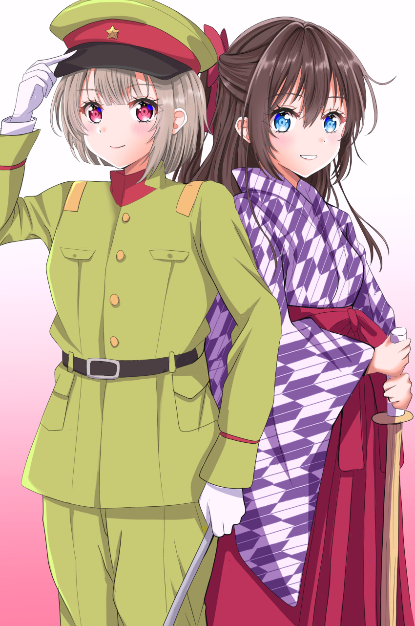 2girls absurdres blue_eyes brown_hair hat highres japanese_clothes kimono long_hair love_live! love_live!_nijigasaki_high_school_idol_club meimaru multiple_girls nakasu_kasumi osaka_shizuku purple_eyes short_hair smile