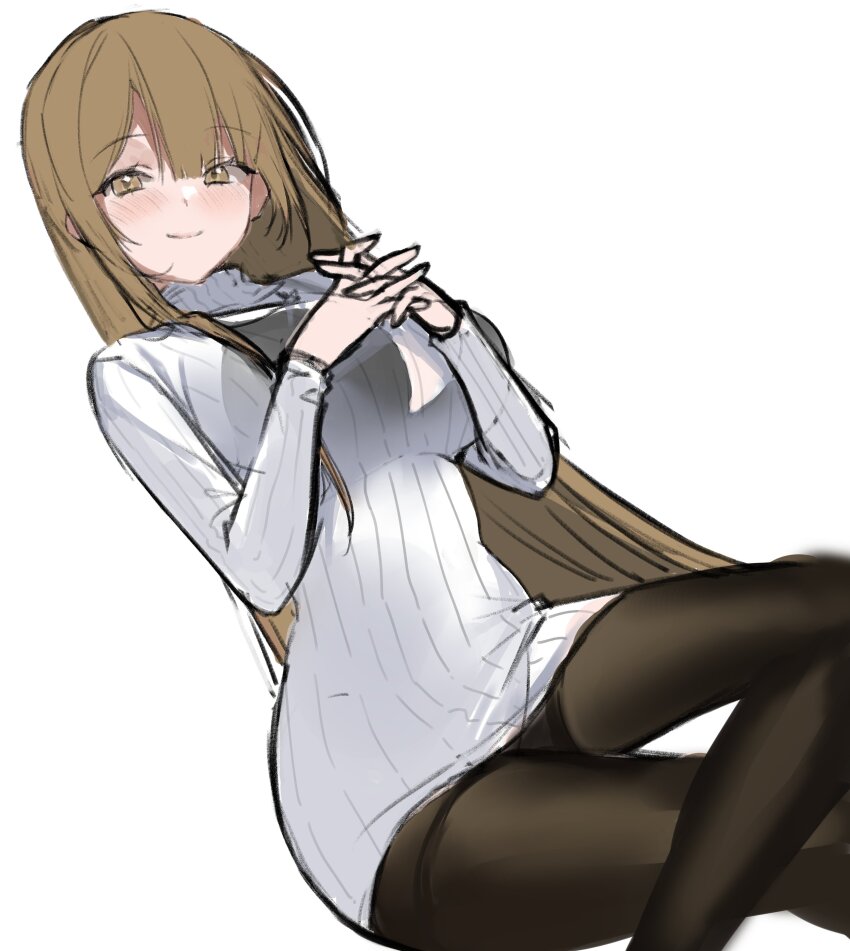 1girl absurdres bad_id bad_twitter_id blush breasts brown_eyes brown_hair brown_pantyhose chungu closed_mouth crossed_legs highres interlocked_fingers large_breasts long_hair long_sleeves looking_at_viewer original pantyhose ribbed_sweater simple_background sketch smile solo sweater very_long_hair white_background white_sweater