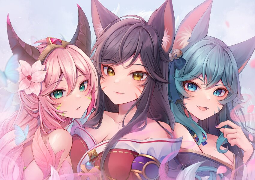 3girls ahri_(league_of_legends) animal_ears black_hair blue_butterfly blue_eyes blue_hair breasts bug butterfly cleavage closed_mouth collarbone earrings elderwood_ahri fang fingernails flower fox_ears fox_girl green_eyes hair_between_eyes hair_flower hair_ornament highres insect jewelry large_breasts league_of_legends long_hair looking_at_viewer momoirone multiple_girls multiple_persona nail_polish official_alternate_costume official_alternate_hairstyle open_mouth petals pink_hair purple_nails sidelocks smile spirit_blossom_(league_of_legends) spirit_blossom_ahri upper_body yellow_eyes