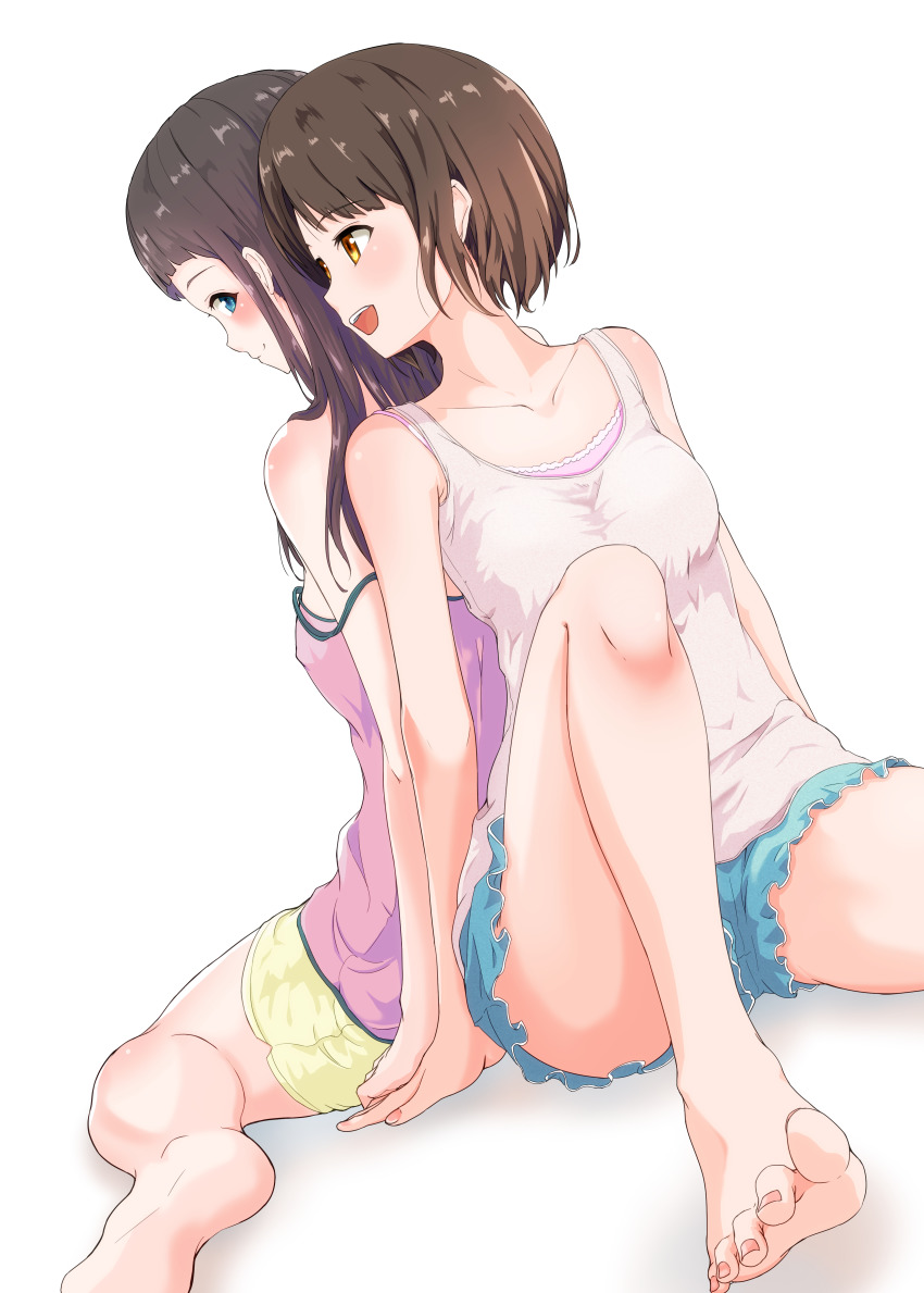 2girls absurdres back-to-back barefoot blue_eyes blush breasts brown_hair camisole covered_erect_nipples feet hi_iro highres holding_hands long_hair looking_back medium_breasts multiple_girls open_mouth orange_eyes original short_hair shorts sitting smile strap_slip tank_top toes wariza yuri