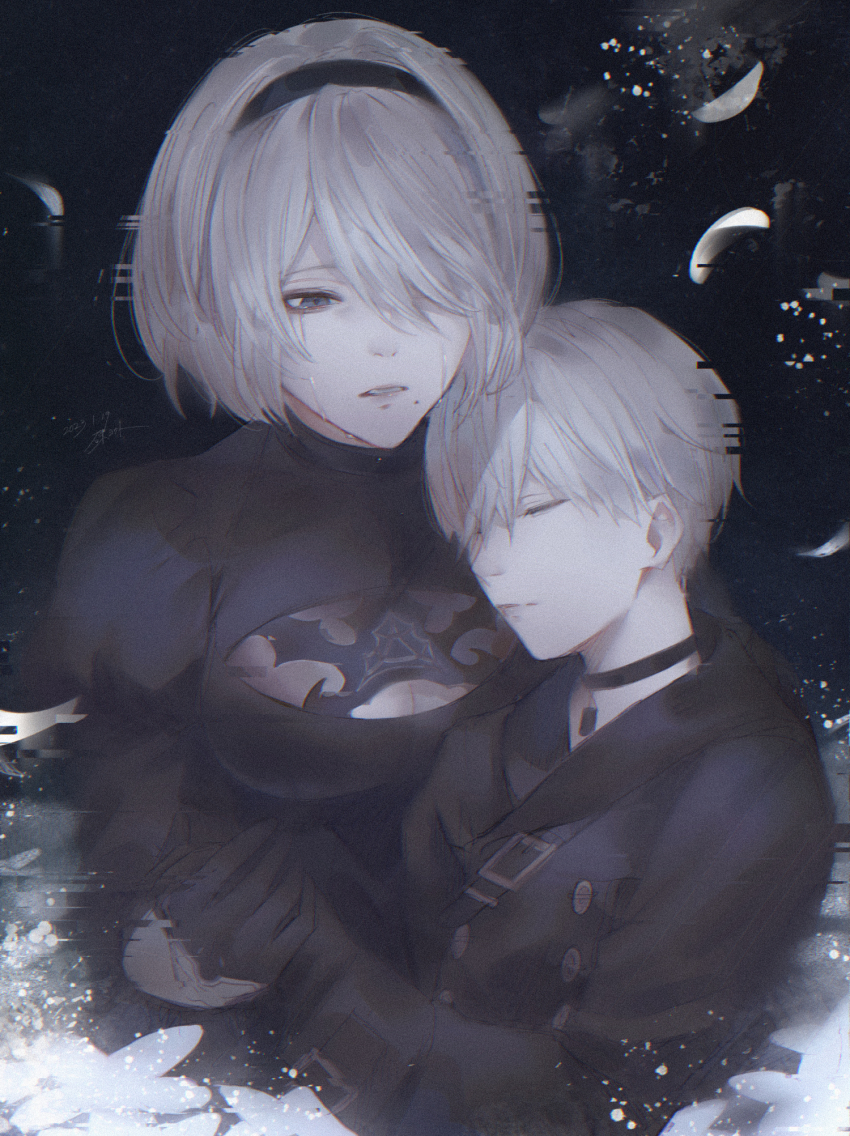 1boy 1girl 2b_(nier:automata) 9s_(nier:automata) black_choker black_dress black_gloves black_hairband black_jacket blue_eyes breasts buttons choker cleavage cleavage_cutout closed_eyes closed_mouth clothing_cutout crying double-breasted dress gloves hair_over_one_eye hairband highres jacket juliet_sleeves long_sleeves looking_at_another medium_breasts mole mole_under_mouth nier:automata nier_(series) parted_lips puffy_sleeves short_hair white_hair yct_(yoct_o)