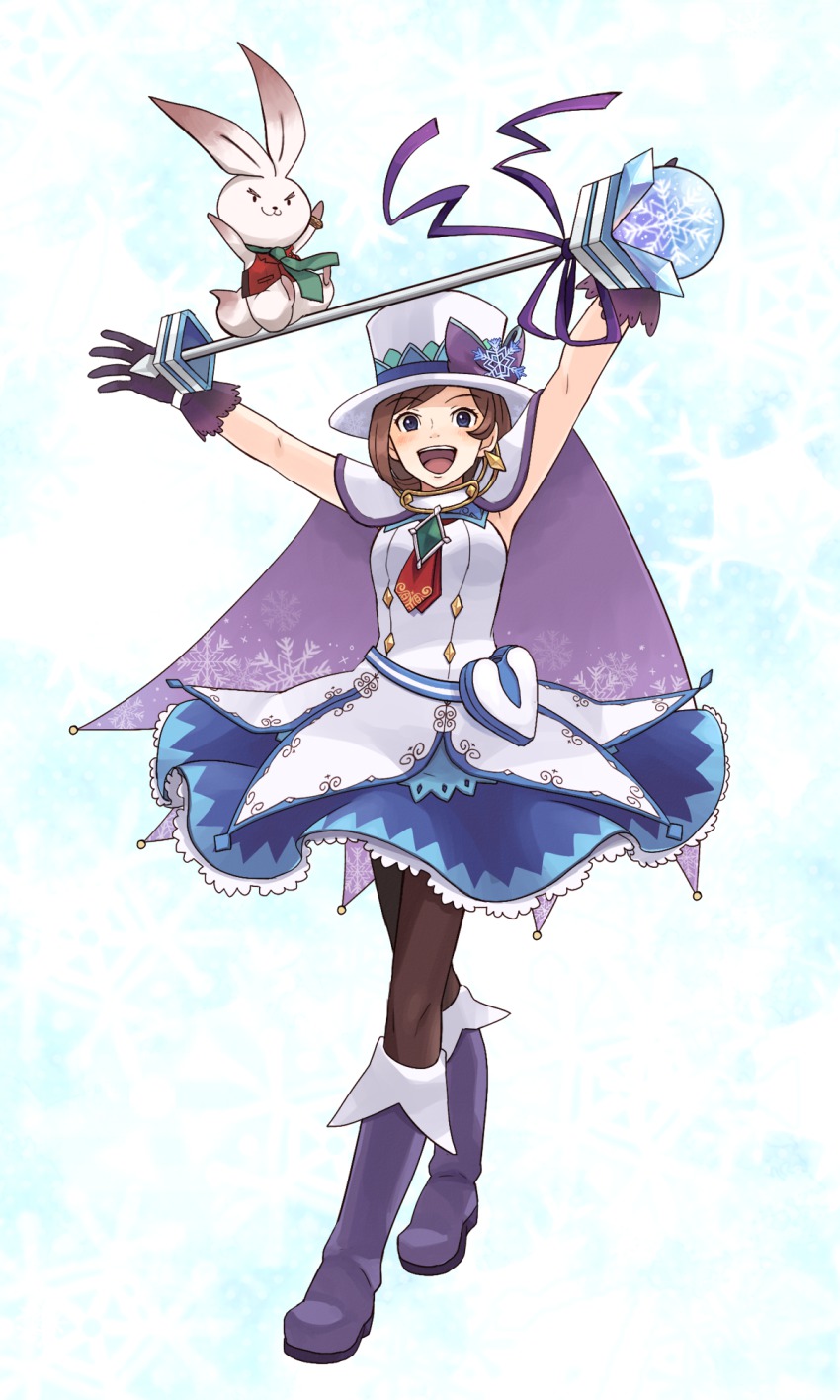 1girl :d ace_attorney alternate_costume apollo_justice:_ace_attorney arms_up bad_id bad_pixiv_id black_pantyhose blue_eyes boots brown_hair cosplay dress female_focus full_body gloves hat hatsune_miku highres knee_boots magician necktie open_mouth pantyhose short_hair smile snowflakes solo standing tonica_(haruhira) top_hat trucy_wright vocaloid wand yuki_miku yuki_miku_(cosplay)