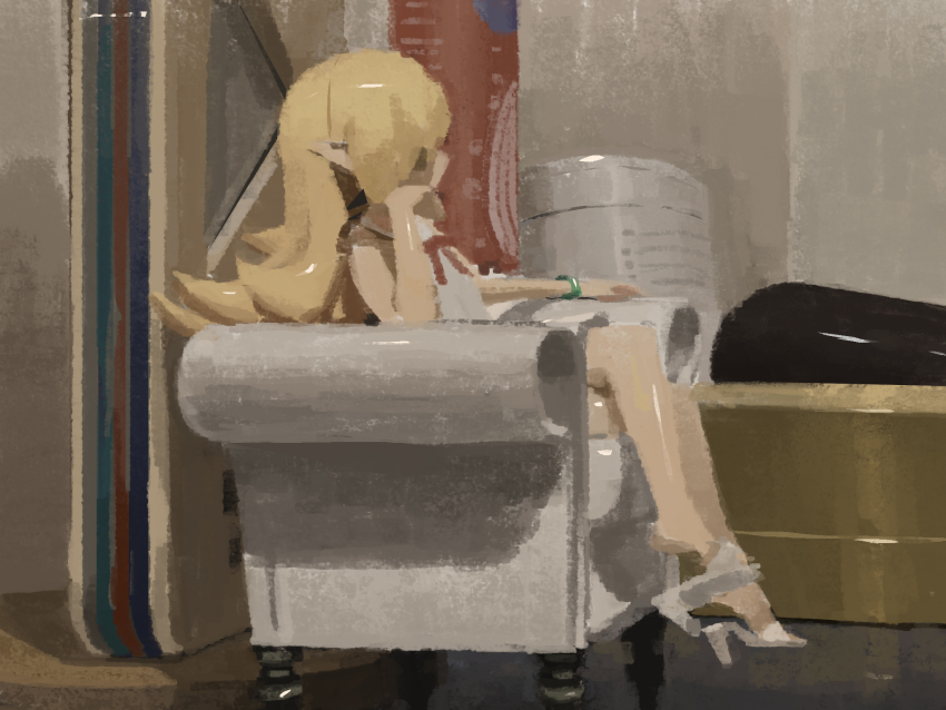 1girl bagaju bakemonogatari blonde_hair bracelet couch female_focus full_body highres jewelry looking_away monogatari_(series) oshino_shinobu pointy_ears sandals sitting solo