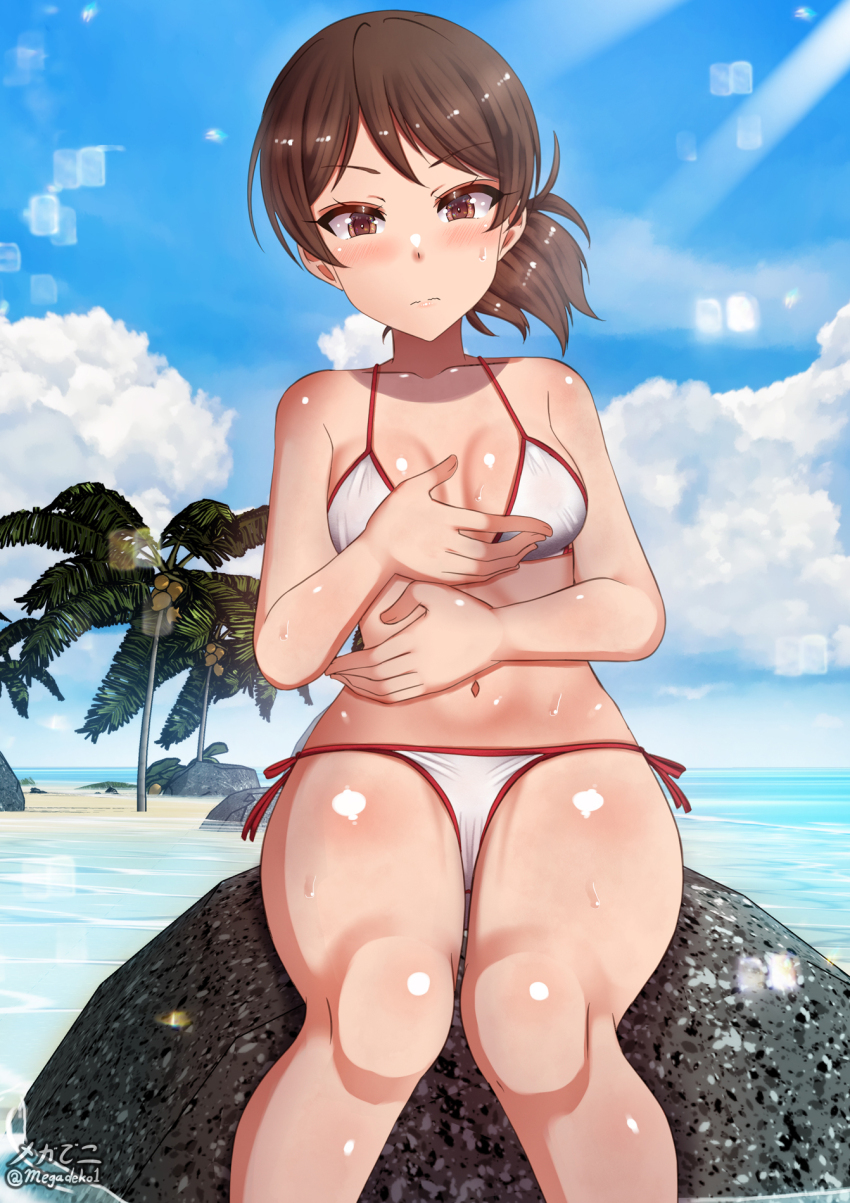 1girl bikini blush breasts brown_eyes brown_hair closed_mouth girls_und_panzer highres kawanishi_shinobu looking_at_viewer megadeko navel ocean outdoors ponytail sky small_breasts solo swimsuit white_bikini