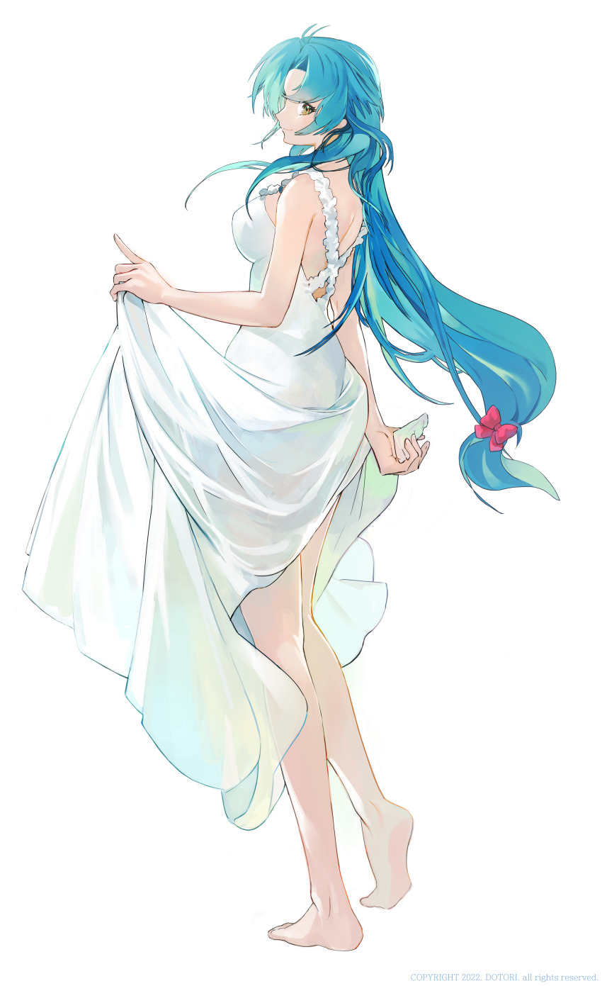 1girl absurdres barefoot blue_hair breasts brown_eyes chidori_kaname closed_mouth clothes_lift commentary_request dotori_(seulseul) dress dress_lift from_behind full_body full_metal_panic! highres legs long_hair looking_at_viewer low-tied_long_hair medium_breasts smile solo standing white_dress