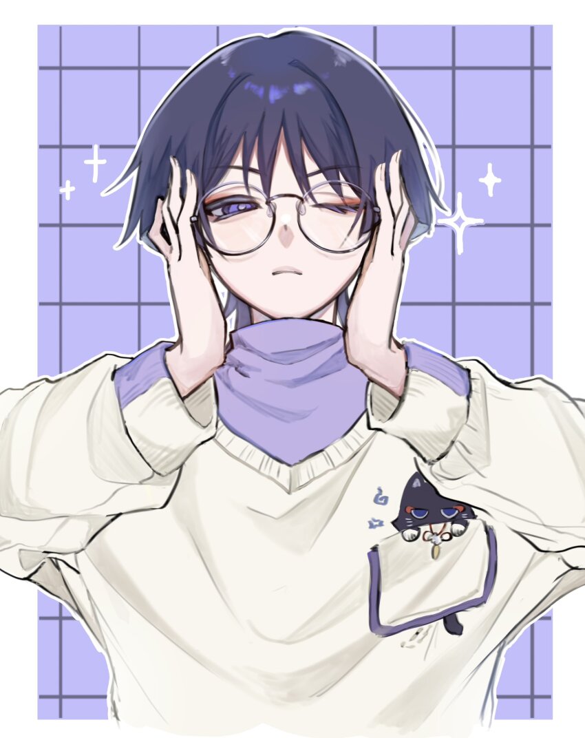 1boy animalization bespectacled black_hair border breast_pocket checkered_background eyeliner eyeshadow genshin_impact glasses hair_intakes hands_in_hair highres long_sleeves makeup male_focus one_eye_closed person_and_animalization pocket pom_pom_(clothes) purple_eyes purple_shirt red_eyeliner red_eyeshadow red_rope rope scaramouche_(cat)_(genshin_impact) scaramouche_(genshin_impact) shirt solo sweater undershirt uragoi wanderer_(fairy_tale_cat)_(genshin_impact) wanderer_(genshin_impact) white_border white_sweater