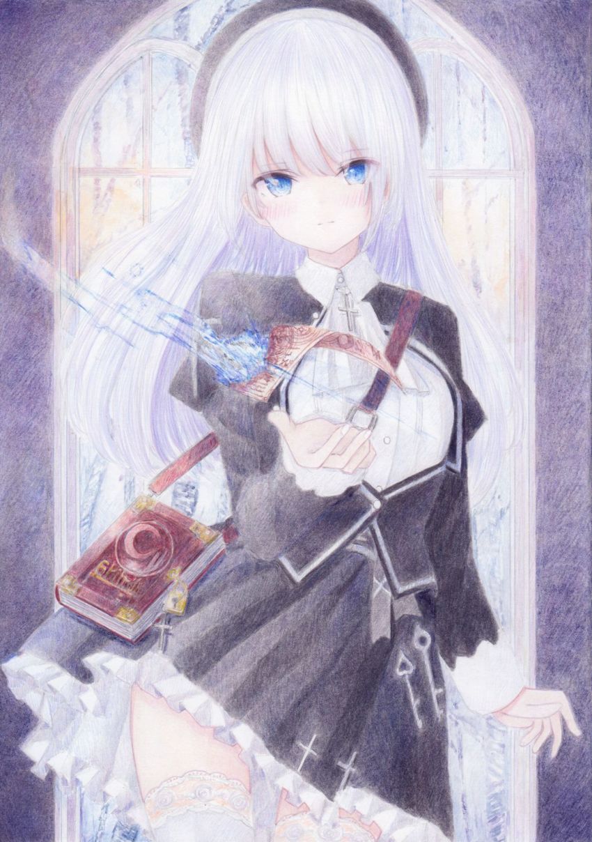 1girl bag black_dress black_headwear blue_eyes blush colored_pencil_(medium) darkkanan dress eyes_visible_through_hair frilled_dress frills hair_between_eyes highres long_hair looking_at_viewer magical_girl original painting_(medium) pinafore_dress shoulder_bag sleeveless_dress solo standing thighhighs thighs traditional_media watercolor_(medium) white_thighhighs