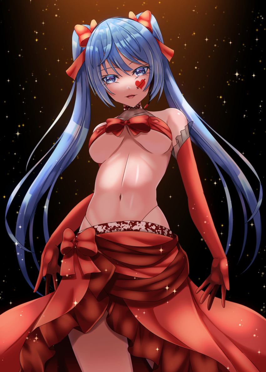 1girl absurdres ambivalence_(module) black_background blue_eyes blue_hair bow breasts commentary_request elbow_gloves facial_mark fuyuki_jun gloves hair_bow hatsune_miku heart heart_facial_mark highleg highres lips medium_breasts navel open_mouth project_diva_(series) red_bow red_gloves red_skirt skirt solo stomach twintails vocaloid