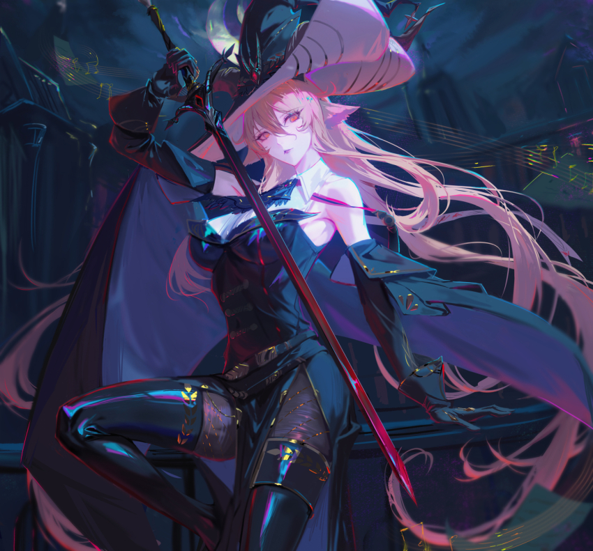 1girl arknights bare_shoulders black_footwear black_gloves black_hat boots breasts degenbrecher_(arknights) detached_sleeves gloves hair_between_eyes hat holding holding_sword holding_weapon long_hair looking_at_viewer medium_breasts night night_sky pale_skin pelvic_curtain pink_hair sansan_(dongfangzhong111) sky solo sword thigh_boots very_long_hair weapon