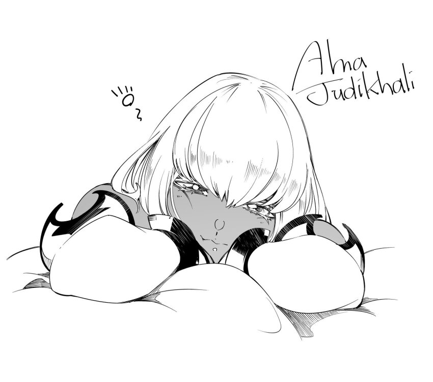 1girl alma_judikhali breasts character_name closed_mouth dark-skinned_female dark_skin eyebrows_hidden_by_hair greyscale hands_on_own_chin heterochromia highres large_breasts light_blush looking_at_viewer lying monochrome on_bed on_stomach saikyou_no_shien-shoku_&quot;wajutsushi&quot;_dearu_ore_wa_sekai_saikyou_kuran_o_shitagaeru short_hair simple_background solo squeans white_background white_hair yamori8484