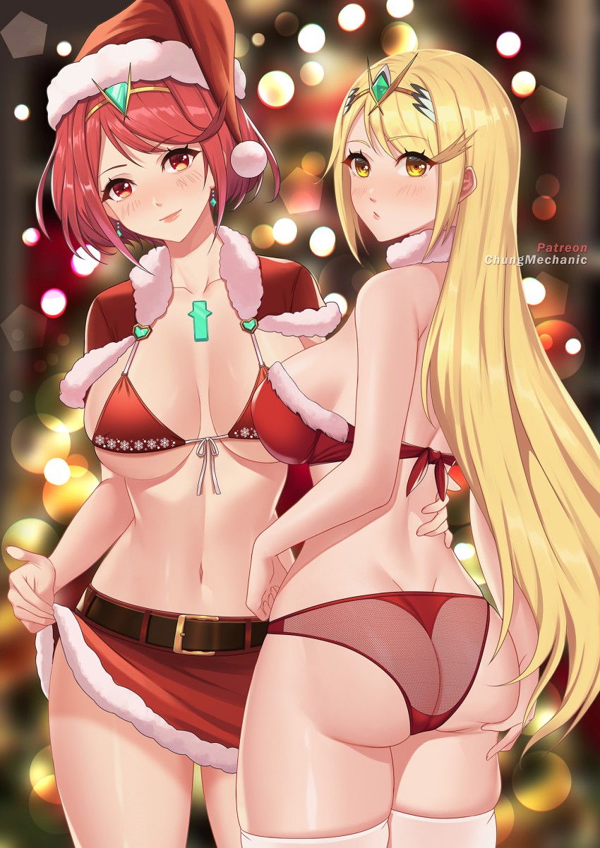 2girls ass ass_support bare_shoulders bikini bikini_top_only blonde_hair blush breasts capelet chest_jewel christmas chungmechanic circlet deep_skin from_behind grabbing_own_ass hat highres large_breasts long_hair looking_at_viewer looking_back multiple_girls mythra_(xenoblade) open_mouth orange_eyes pyra_(xenoblade) red_eyes red_hair santa_bikini santa_costume santa_hat shiny_clothes shiny_skin short_hair sideboob skirt smile swimsuit thighhighs very_long_hair xenoblade_chronicles_(series) xenoblade_chronicles_2