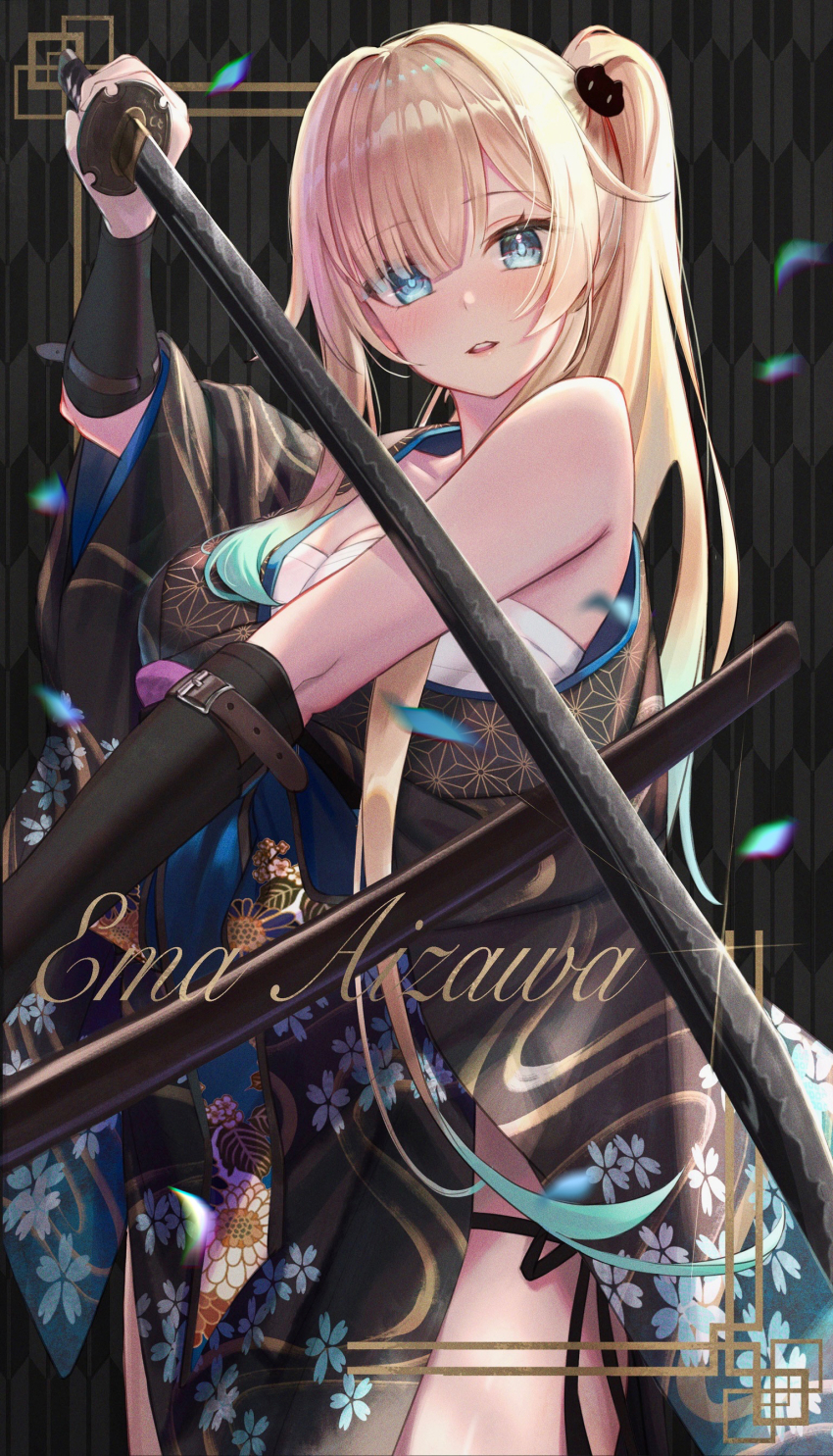 1girl absurdres aizawa_ema alternate_costume blonde_hair green_eyes green_hair hair_ornament hairclip highres holding holding_sword holding_weapon japanese_clothes katana kimono looking_at_viewer multicolored_hair open_mouth sarashi shakkiyi sheath side_ponytail single_off_shoulder sword thighs virtual_youtuber vspo! weapon