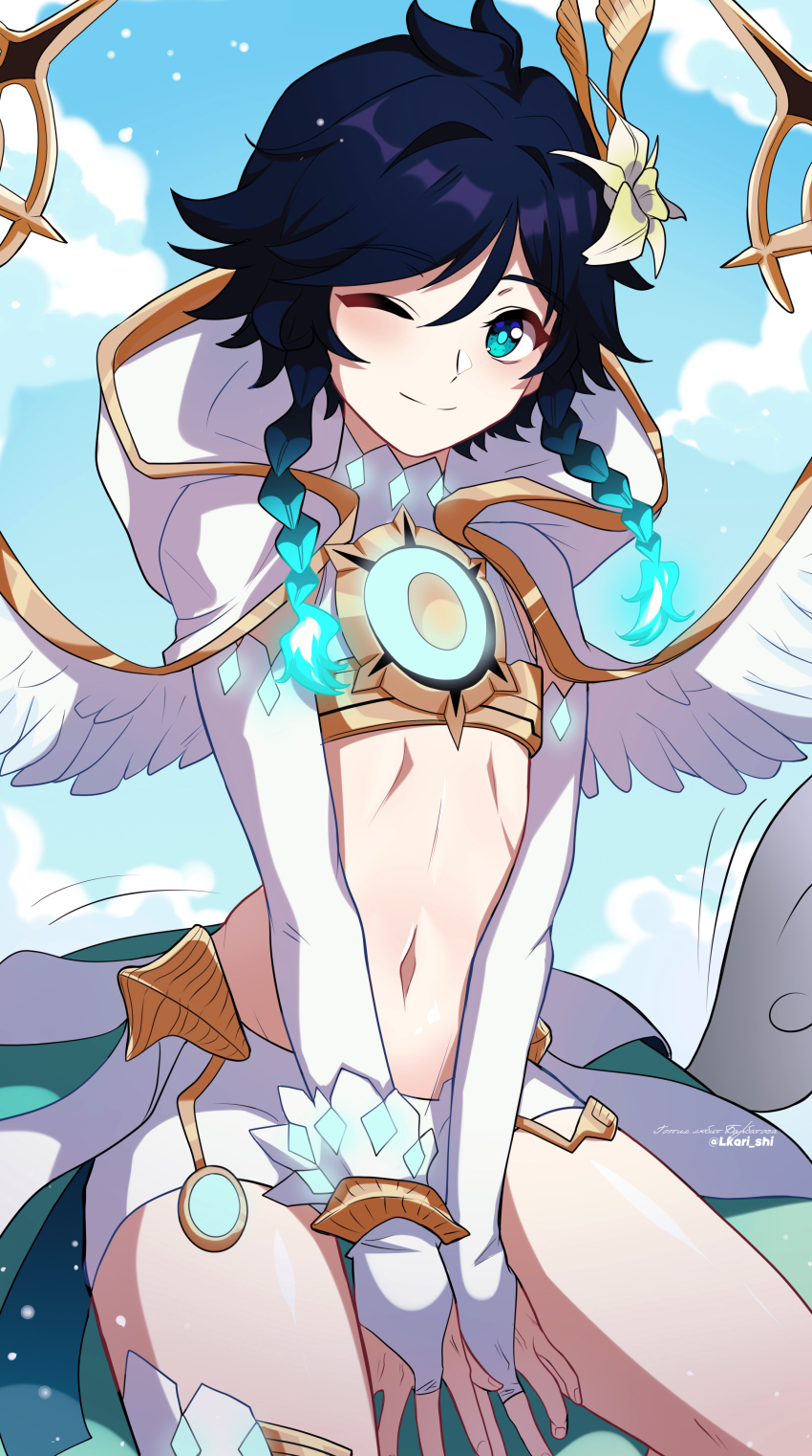 1boy absurdres androgynous aqua_hair black_hair braid closed_mouth crop_top feathered_wings flower genshin_impact gradient_hair hair_flower hair_ornament highres lkari_shi male_focus midriff multicolored_hair navel official_alternate_costume one_eye_closed shorts smile stomach twin_braids venti_(archon)_(genshin_impact) venti_(genshin_impact) white_flower white_hood white_shorts white_wings wings