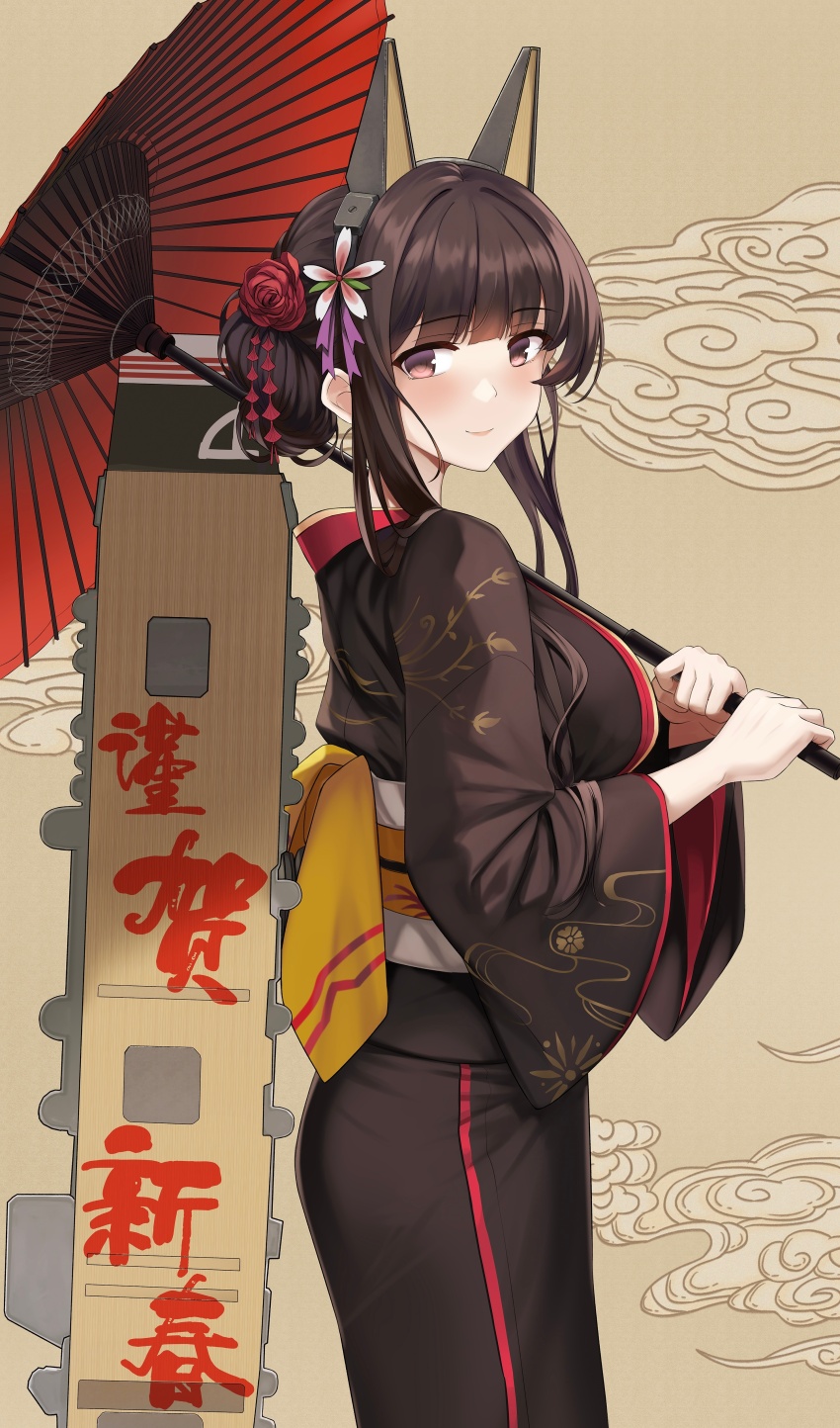 1girl absurdres akagi_(warship_girls_r) alternate_costume alternate_hairstyle black_kimono blunt_bangs blush breasts brown_eyes brown_hair chichengde_haotidu_afusang flower hair_bun hair_flower hair_ornament highres holding holding_umbrella japanese_clothes kimono long_hair looking_at_viewer obi oil-paper_umbrella sash sidelocks single_side_bun smile solo umbrella warship_girls_r wide_sleeves