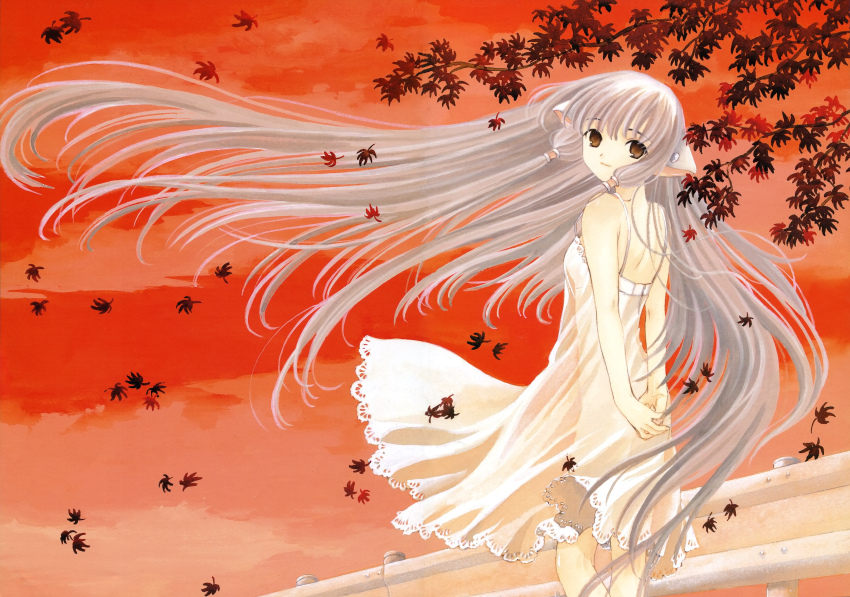 1girl absurdres bra brown_eyes chii chobits clamp_(circle) dress falling_leaves fence frilled_dress frills grey_hair hair_tubes highres leaf long_hair non-web_source official_art red_sky red_theme see-through_clothes see-through_dress sky solo traditional_media underwear very_long_hair white_dress