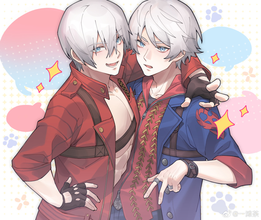 2boys belt_bra bishounen black_gloves blue_eyes coat dante_(devil_may_cry) devil_may_cry devil_may_cry_(series) devil_may_cry_3 devil_may_cry_4 fang fingerless_gloves gloves hair_between_eyes highres hood jacket jewelry look-alike looking_at_viewer multiple_boys nero_(devil_may_cry) open_clothes open_jacket open_mouth red_coat smile uncle_and_nephew v weibo_3893749281 white_hair