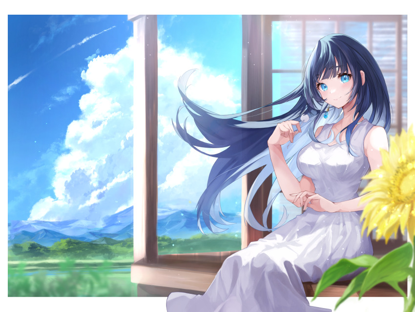 1girl black_hair blue_eyes blue_sky blurry border cloud contrail cumulonimbus_cloud depth_of_field dress earrings floating_hair flower highres jewelry landscape long_hair looking_at_viewer mimikaki mountainous_horizon non-web_source original risumi_(taka-fallcherryblossom) scenery sidelocks sitting sky sleeveless sleeveless_dress smile solo summer sundress sunflower white_border white_dress