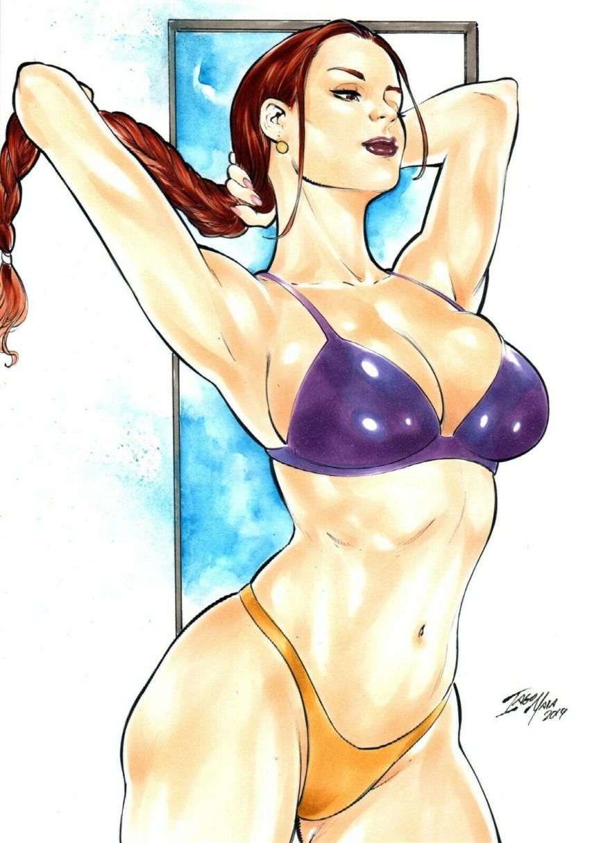 1girl armpits arms_behind_head arms_up bikini braid braided_ponytail breasts brown_hair curvy fingernails fred_benes hand_in_own_hair highres lara_croft lips long_hair looking_to_the_side messy_hair multicolored_bikini navel parted_lips shiny_skin simple_background standing swimsuit thighs thong_bikini tomb_raider traditional_media two-tone_bikini very_long_hair wide_hips