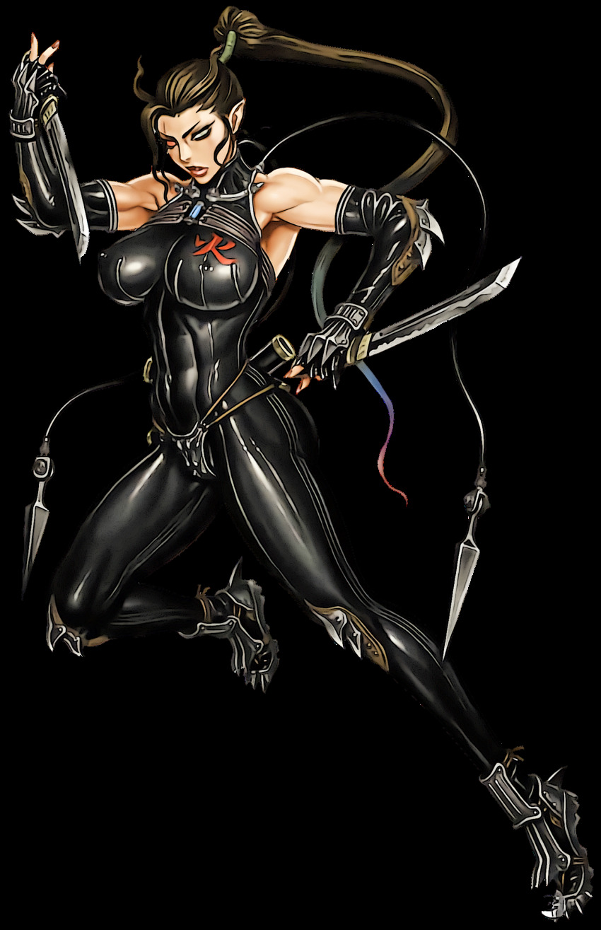 1girl bodysuit breasts covered_erect_nipples demon_girl full_body highres kaen kunai large_breasts ninja official_art pointy_ears scar scar_across_eye scar_on_face sengoku_cannon short_sword sword tantou transparent_background tsukasa_jun weapon white_background