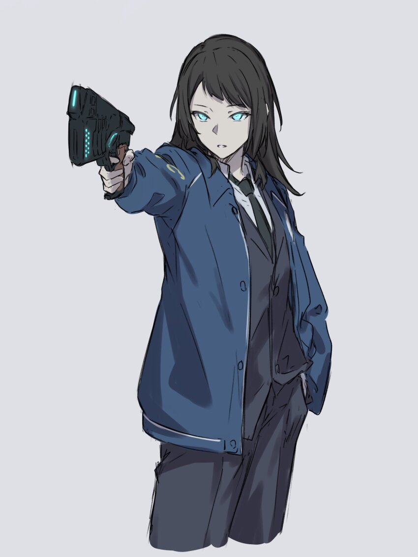 1girl 2024_summer_olympics bang_dream! bang_dream!_it&#039;s_mygo!!!!! black_hair black_jacket black_necktie black_pants blue_eyes blue_jacket commentary_request dominator_(gun) finger_on_trigger glowing glowing_eyes grey_background hand_in_pocket highres jacket kanade_(kanade_3344) medium_hair necktie olympics open_clothes open_jacket open_mouth pants psycho-pass sidelocks simple_background solo yahata_umiri yusuf_dikec yusuf_dikec_(meme)