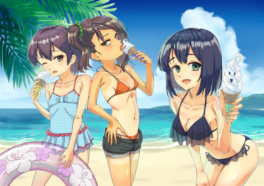 3girls beach bent_over bikini black_hair black_shorts blue_bikini blush breasts brown_eyes brown_hair cleavage cloud collarbone eating food green_eyes hand_on_own_hip hand_on_own_thigh highres holding ice_cream ice_cream_cone innertube large_breasts licking long_hair mountain multiple_girls navel o-ring o-ring_bikini o-ring_bikini_top ocean one-piece_swimsuit one-piece_tan one_eye_closed onihito open_fly open_mouth orange_bikini palm_tree polka_dot polka_dot_swimsuit ponytail sand short_hair shorts side-tie_bikini_bottom side_ponytail sky small_breasts smile standing swim_ring swimsuit swimsuit_skirt tan tanline tree water