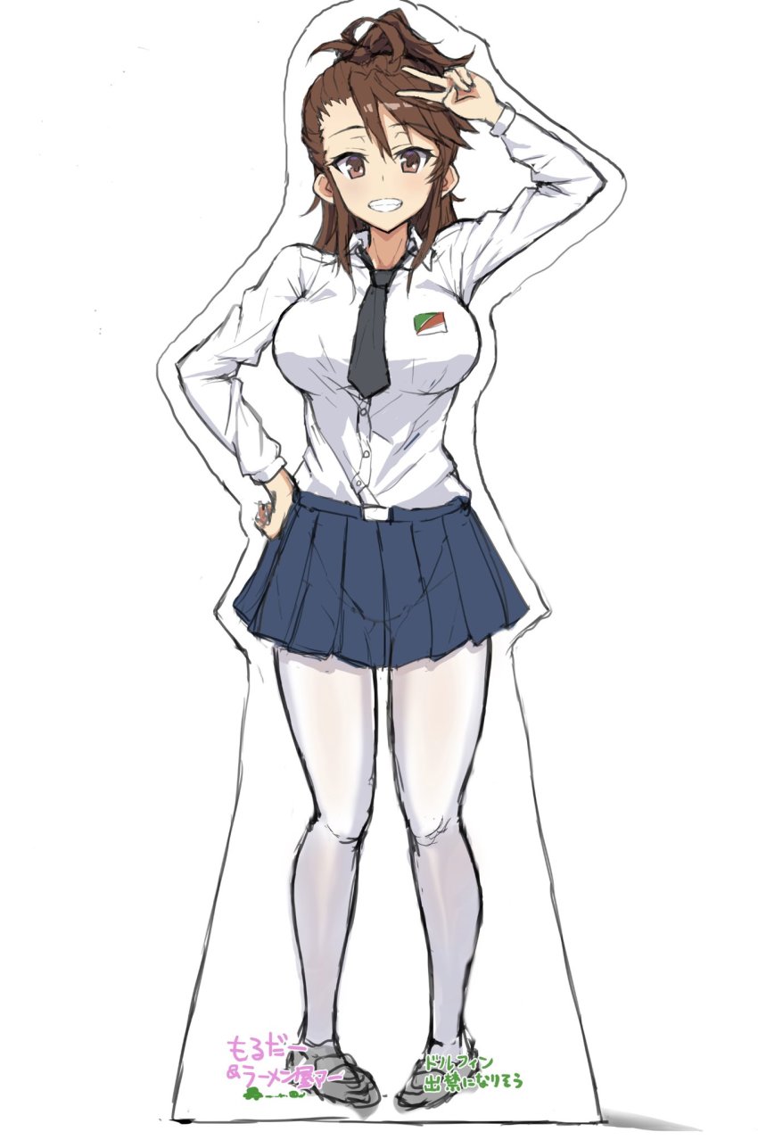 1girl amaretto_(girls_und_panzer) anzio_school_uniform arm_up asymmetrical_bangs belt black_belt black_necktie black_skirt brown_eyes brown_hair cardboard_cutout commentary dress_shirt emblem eyes_visible_through_hair full_body girls_und_panzer grin half_updo hand_on_own_hip highres long_hair long_sleeves looking_at_viewer miniskirt mordeth necktie pantyhose parody pleated_skirt school_uniform shirt shoes simple_background sketch skirt smile solo translation_request v white_background white_pantyhose white_shirt wing_collar