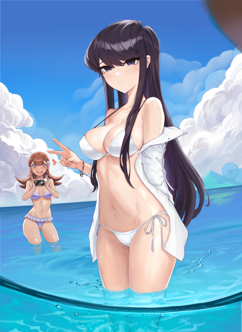 2girls absurdres bangle bikini black_eyes blunt_bangs blush bracelet breasts brown_hair chinese_commentary cleavage cloud commentary_request deadpan frilled_bikini frills heart heart-shaped_pupils highres jewelry komi-san_wa_komyushou_desu komi_shouko long_hair medium_breasts multiple_girls ocean open_clothes open_mouth open_shirt partially_submerged phone purple_hair serious shirt side-tie_bikini_bottom sky string_bikini swimsuit symbol-shaped_pupils taking_picture v wading white_bikini white_shirt wish-tf yamai_ren