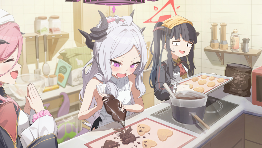 3girls ahoge applepie_(12711019) apron black_jacket blue_archive bottle chocolate closed_eyes cookie cooking demon_girl demon_horns food forehead fuuka_(blue_archive) hair_between_eyes hairband heart heart-shaped_cookie heart-shaped_food highres hina_(blue_archive) holding holding_bottle holding_tray horns jacket juri_(blue_archive) long_hair looking_at_another looking_at_object multiple_girls necktie open_mouth oven_mitts own_hands_together pink_hair pink_scrunchie purple_eyes purple_hair red_necktie scrunchie shirt sidelocks sleeveless sleeveless_shirt sweatdrop tray white_apron white_hair white_shirt wrist_scrunchie yellow_hairband