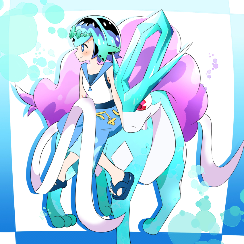 1girl blue_eyes blue_pants closed_mouth creatures_(company) flip-flops game_freak gen_2_pokemon hair_ornament highres lana_(pokemon) legendary_pokemon long_hair nintendo pants pokemon pokemon_(creature) pokemon_sm purple_hair red_eyes ribbon sandals short_hair smile suicune