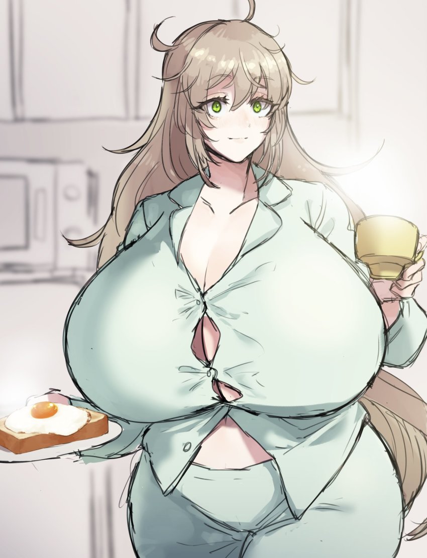 1girl bread_slice breasts brown_hair cleavage coffee coffee_mug cup curvy drink egg food green_eyes highres huge_breasts kitchen long_hair mug nahcegalliv pajamas plate smile solo toast very_long_hair wide_hips