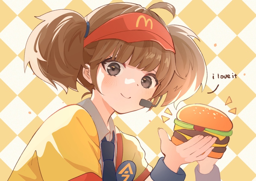 1girl absurdres ahoge badge blunt_bangs brown_hair burger button_badge checkered_background cheese closed_mouth imadake_dabuchi_tabemi employee_uniform english_text fast_food fast_food_uniform food grey_eyes happi hat headset highres holding holding_burger holding_food japanese_clothes looking_at_viewer mcdonald&#039;s necktie open_happi red_hat ricia39 sesame_seeds shirt short_sleeves smile solo striped_clothes striped_shirt twintails upper_body visor_cap white_shirt yellow_happi