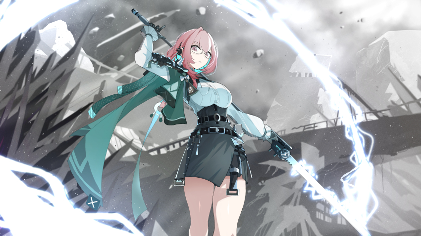 1girl absurdres arm_up artist_name black-framed_eyewear black_gloves black_skirt breasts commentary debris dress_shirt earpiece electricity from_below glasses gloves high-waist_skirt highres holding holding_polearm holding_weapon id_card large_breasts naginata outdoors pencil_skirt pink_eyes pink_hair polearm ruins semi-rimless_eyewear shirt sidelocks skirt solo standing tsukishiro_yanagi twitter_username weapon white_shirt zenless_zone_zero zeroartwo