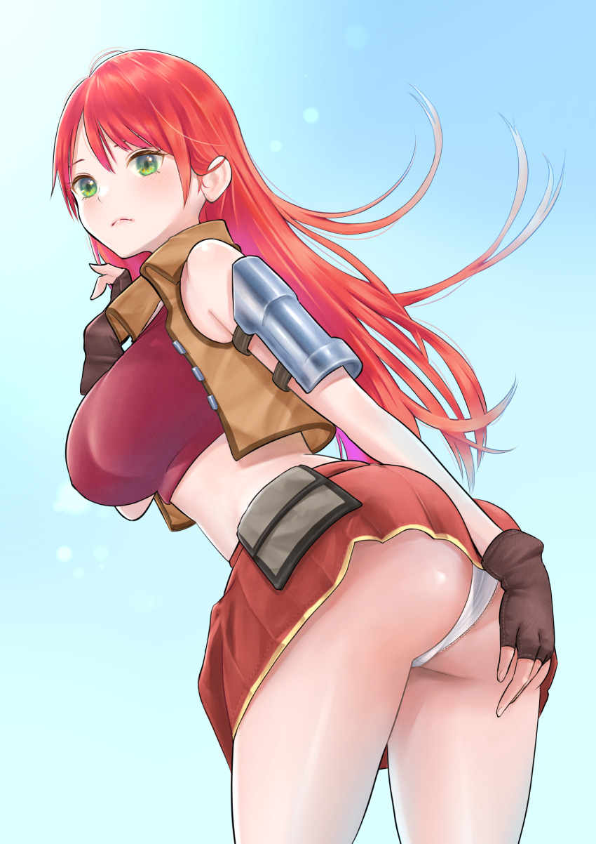 1girl armor ass bare_shoulders blush breasts covering_privates covering_ass embarrassed fateaxis fingerless_gloves from_behind gloves green_eyes highres iria_strain large_breasts leaning leaning_forward long_hair looking_at_viewer miniskirt panties red_hair sideboob skirt solo takapin underwear upskirt very_long_hair