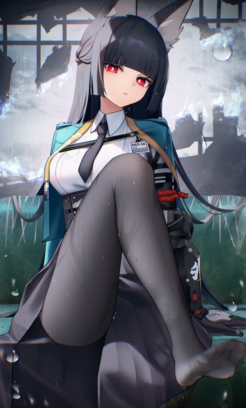 1girl absurdres animal_ear_fluff animal_ears aqua_jacket black_gloves black_hair black_necktie black_pantyhose black_skirt blunt_bangs blunt_ends breasts closed_mouth dress_shirt feet foot_out_of_frame fox_ears fox_girl gloves green_jacket high-waist_skirt highres hoshimi_miyabi jacket knee_up leg_up legs light_blush long_hair looking_ahead looking_at_viewer medium_breasts necktie no_shoes pantyhose rain red_eyes shirt sidelocks sitting skirt solo thomas_8000 toes white_shirt zenless_zone_zero