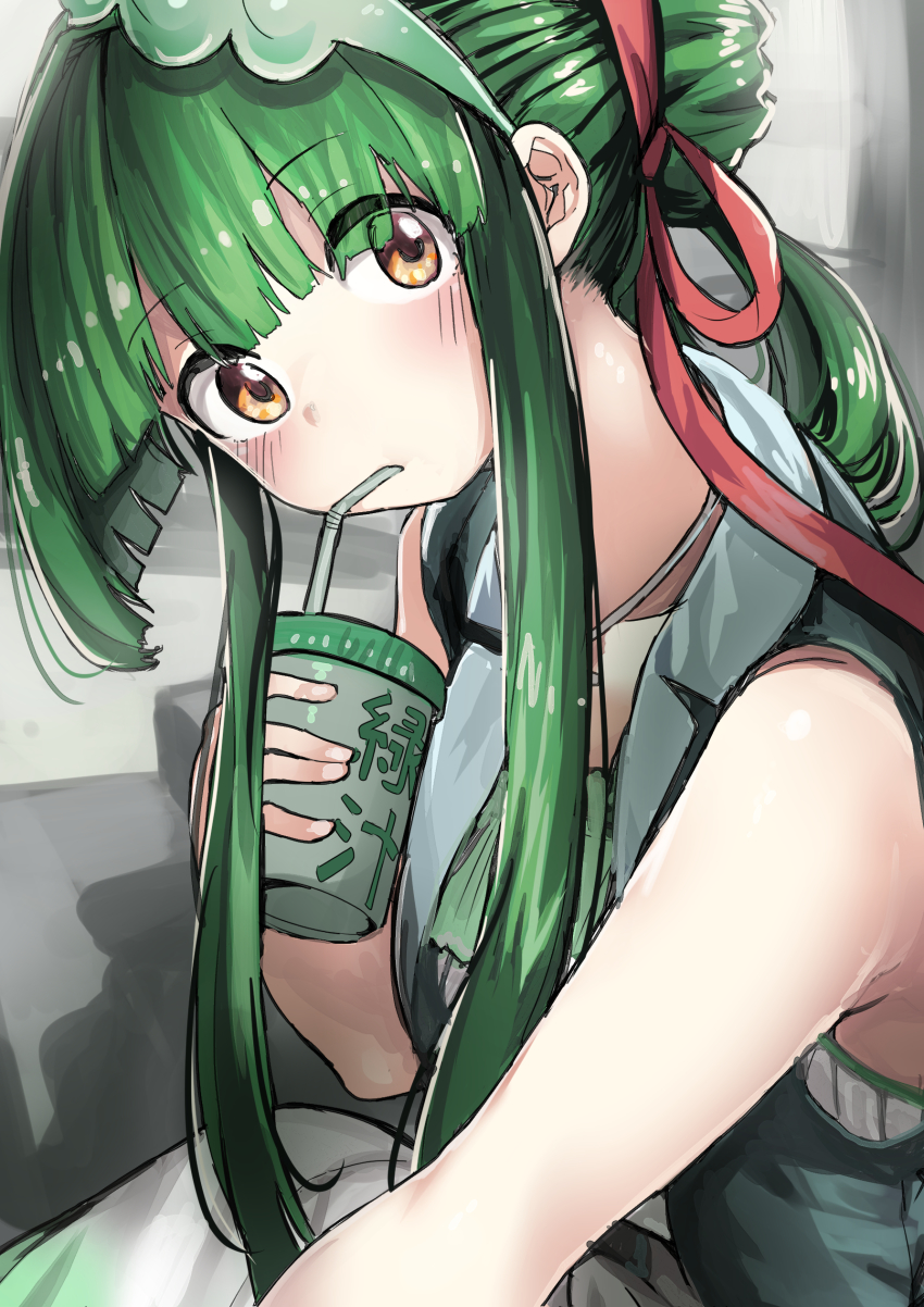 1girl absurdres bare_shoulders bendy_straw cup disposable_cup drinking_straw drinking_straw_in_mouth eyes_visible_through_hair green_hair green_hairband hair_ribbon hairband hand_up highres holding holding_cup long_hair looking_at_viewer microa orange_eyes red_ribbon ribbon sidelocks solo stairs touhoku_zunko vocaloid voiceroid