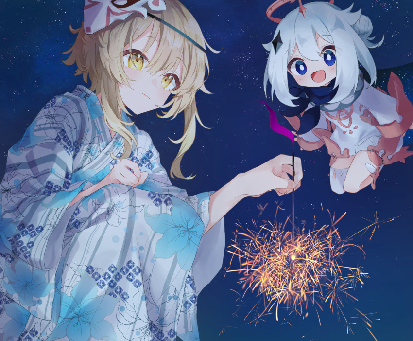 2girls asymmetrical_legwear blonde_hair blue_eyes blue_kimono closed_mouth commentary_request dot_nose fireworks floating floral_print forehead full_body genshin_impact gintama_10102 hair_ornament halo highres holding japanese_clothes kimono legs_together long_bangs long_hair long_sleeves lumine_(genshin_impact) mask mask_on_head medium_hair multiple_girls night open_mouth outdoors paimon_(genshin_impact) parted_bangs senkou_hanabi sky sleeves_past_wrists sparkle sparkler squatting star_(sky) starry_sky vision_(genshin_impact) white_hair wide_sleeves yellow_eyes