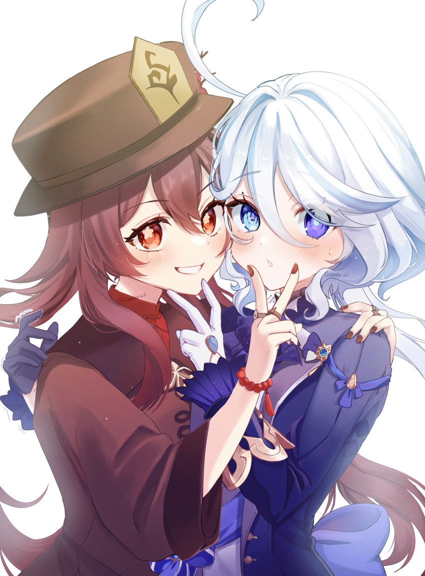 2girls absurdres ahoge asymmetrical_gloves black_gloves blue_eyes blue_gemstone blue_hair blue_jacket blue_pupils blush bracelet brown_hair brown_hat commentary drop-shaped_pupils fingernails flower-shaped_pupils furina_(genshin_impact) gem genshin_impact gloves grin hand_up hat heterochromia highres hu_tao_(genshin_impact) jacket jewelry light_blue_hair long_hair long_sleeves looking_at_viewer mismatched_gloves multicolored_hair multiple_girls nail_polish red_eyes red_hair red_nails sanashiro_mako small_sweatdrop smile streaked_hair symbol-shaped_pupils teeth twintails twitter_username v very_long_hair white_background white_gloves white_hair