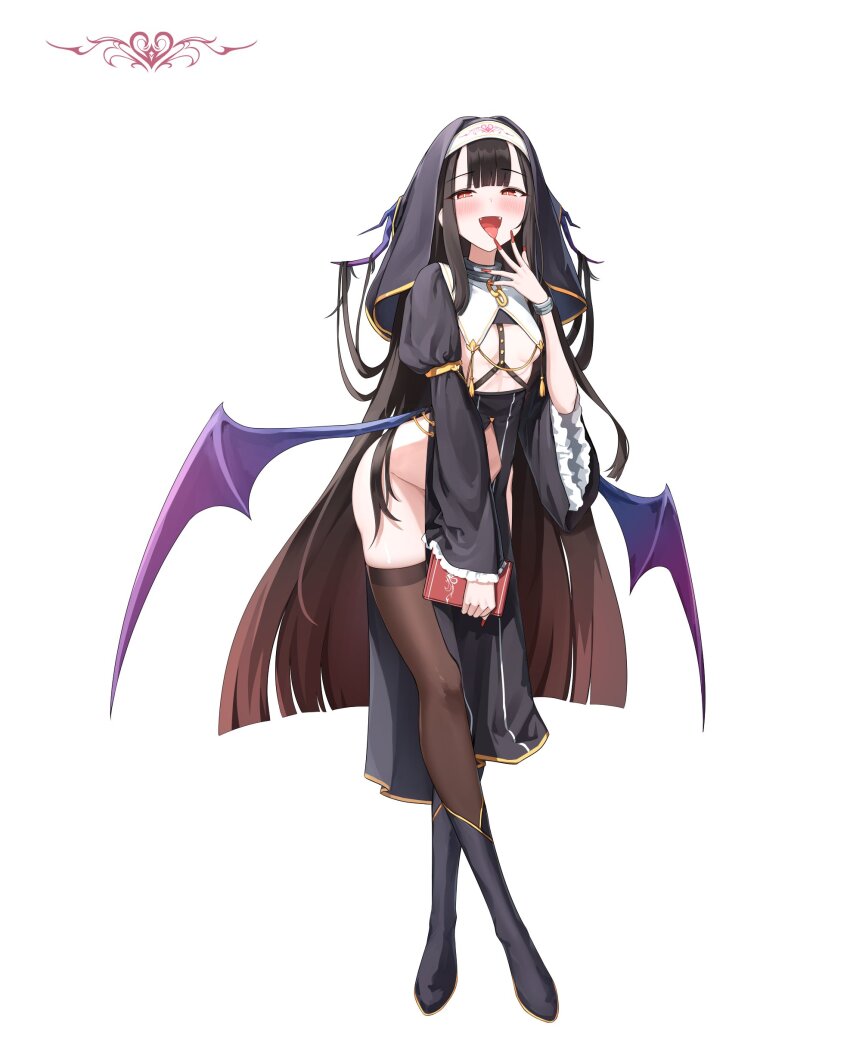 1girl absurdres black_hair blush book boots daran9 demon_girl demon_wings fangs frilled_sleeves frills highres holding holding_book long_hair no_panties nun open_mouth original red_eyes simple_background thighhighs tongue tongue_out white_background wings