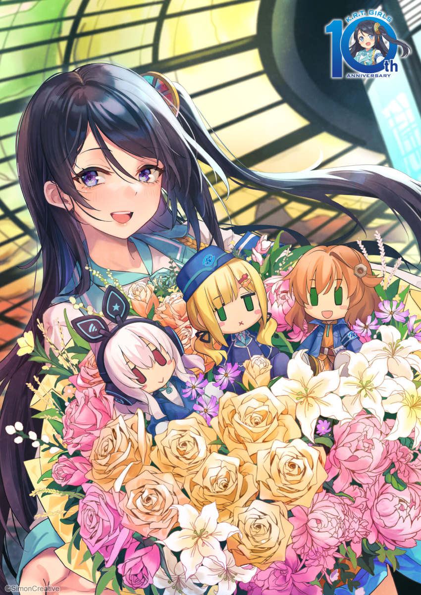 ann_(krt_girls) black_hair blue_eyes character_doll emilia_(krt_girls) flower highres hika_(cross-angel) krt_girls long_hair nana_(krt_girls) official_art one_side_up open_mouth pink_flower simon_creative_tw smile white_flower xiao_qiong yellow_flower