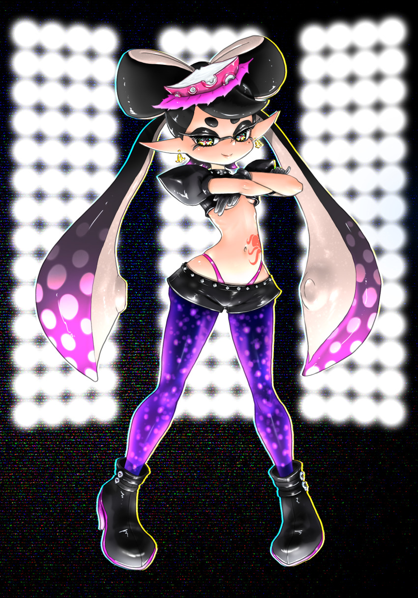 1girl ankle_boots belt black_footwear black_gloves black_hair boots bow-shaped_hair breasts callie_(splatoon) cropped_shirt crossed_arms earrings gloves gradient_hair hat high_heels highres inkling jewelry koharu2.5 long_hair long_pointy_ears looking_at_viewer lowleg lowleg_shorts multicolored_hair navel nintendo octopus_tattoo panties panty_straps pantyhose pigeon-toed pink_hair pink_hat pink_panties pointy_ears polka_dot polka_dot_hair puffy_short_sleeves puffy_sleeves purple_pantyhose red_pupils ribs short_shorts short_sleeves shorts skinny small_breasts smile solo splatoon_(series) splatoon_2 star-shaped_pupils star_(symbol) stomach_tattoo studded_belt studded_choker swept_bangs symbol-shaped_pupils tattoo tentacle_hair twintails underboob underwear very_long_hair wide_hips yellow_eyes