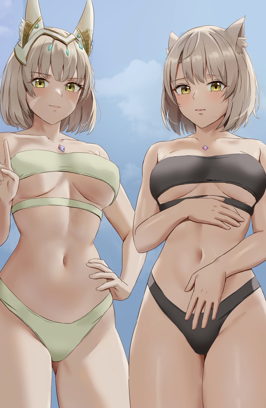 2girls absurdres alternate_costume amayo_thranana animal_ears bikini breasts cat_girl chest_jewel closed_mouth commission facial_mark hand_on_own_hip highres looking_at_viewer medium_breasts mio_(xenoblade) mother_and_daughter multiple_girls navel nervous nia_(blade)_(xenoblade) nia_(xenoblade) skeb_commission small_breasts smile standing strapless strapless_bikini swept_bangs swimsuit v xenoblade_chronicles_(series) xenoblade_chronicles_2 xenoblade_chronicles_3 yellow_eyes