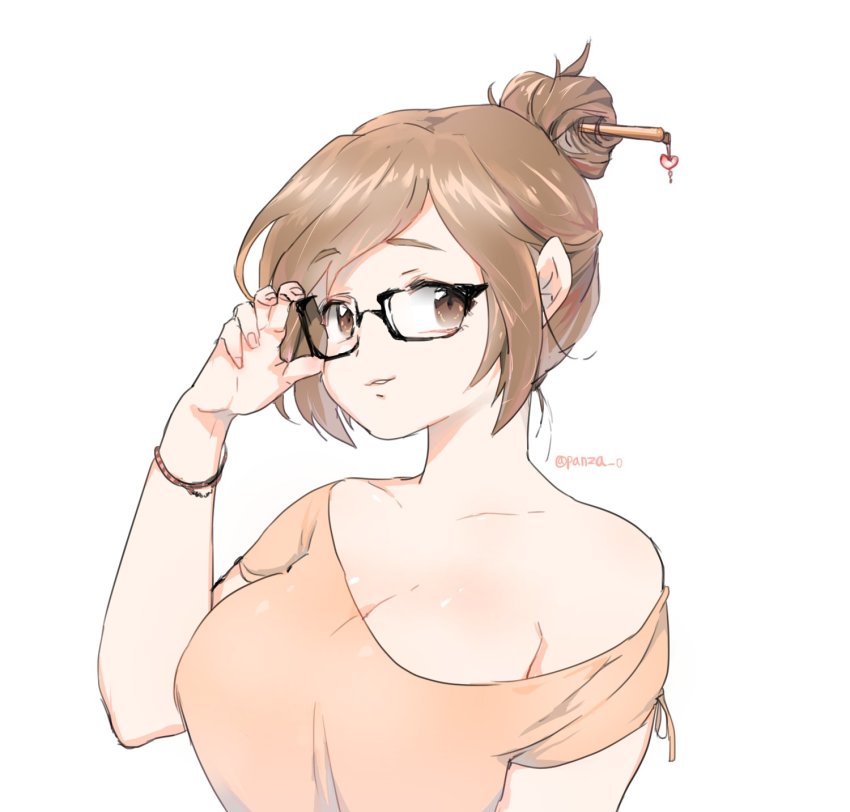 1girl adjusting_eyewear bad_id bad_twitter_id black-framed_eyewear bracelet breasts brown_eyes brown_hair brown_shirt eyebrows female_focus glasses hair_bun hair_ornament hair_stick hairpin highres jewelry looking_at_viewer medium_breasts mei_(overwatch) overwatch overwatch_1 panza parted_bangs shirt short_hair short_sleeves sidelocks simple_background single_hair_bun solo twitter_username upper_body white_background