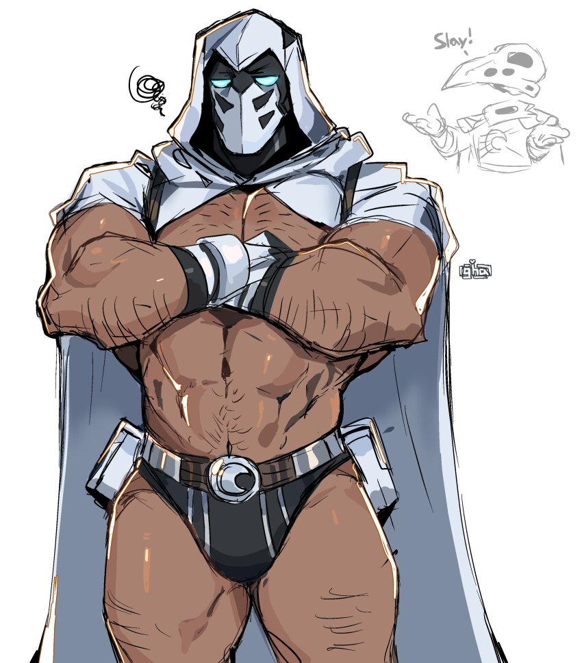 absurdres cape crescent_moon dark_skin gloves glowing glowing_eyes graysheartart highres hood hood_up looking_at_viewer male_focus marc_spector marvel marvel_rivals mask moon moon_knight muscular muscular_male simple_background squiggle underwear white_cape white_gloves