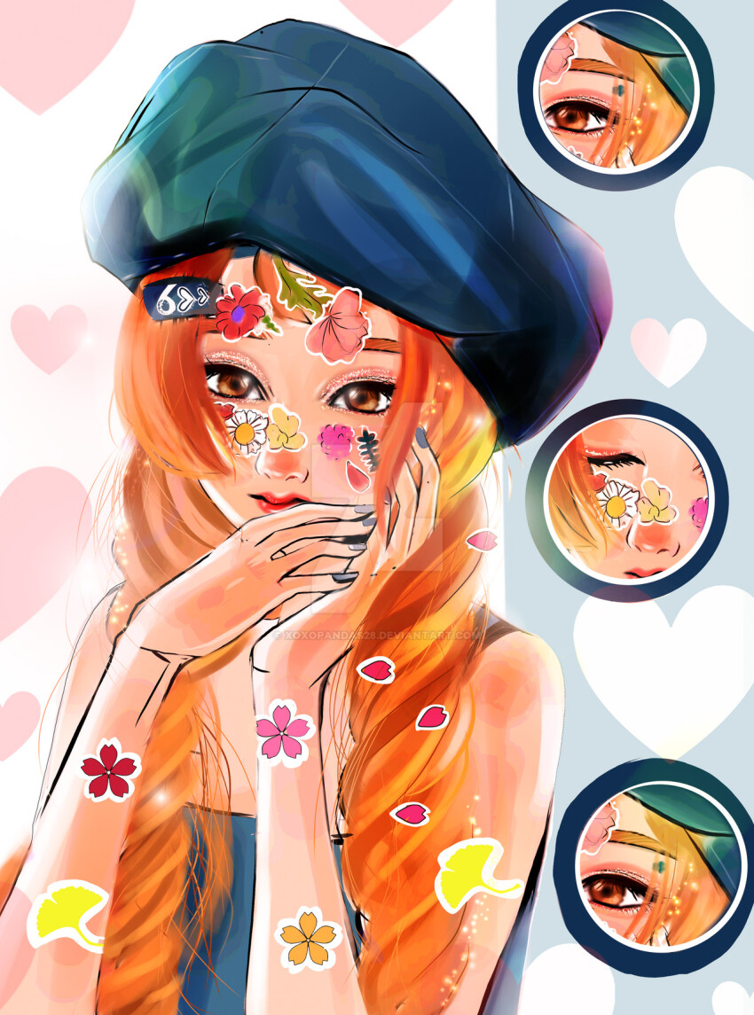 1girl blue_dress blue_hat blue_nails brown_eyes closed_eyes deviantart_logo dress flower_sticker hat highres inset long_hair looking_at_viewer orange_hair original red_lips solo sticker sticker_on_face watermark web_address xoxopandas28