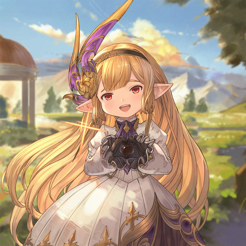 1girl ascot blonde_hair brown_hairband chocolate earrings gold_earrings granblue_fantasy granblue_fantasy:_relink hairband harvin heart heart_hands highres huanghyy jewelry looking_at_viewer maglielle_(granblue_fantasy:_relink) petite pointy_ears princess_dress purple_ascot solo