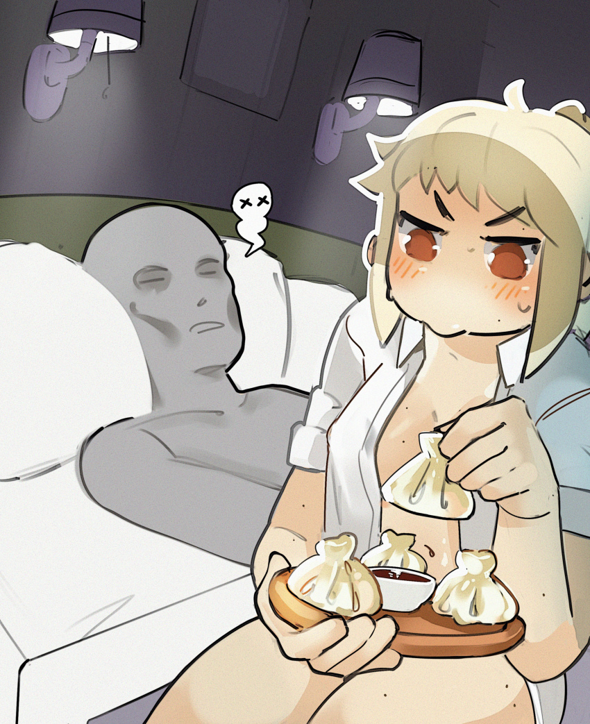 1girl absurdres bad_link bed bed_sheet blonde_hair blush bottomless breasts chibi cleavage collared_shirt colored_skin convenient_censoring eating embarrassed funkiflame grey_skin guy_tired_after_sex_(meme) high_ponytail highres lamp medium_breasts meme midriff naked_shirt navel nika_(usergore) no_bra no_panties no_pupils on_bed open_clothes open_shirt orange_eyes original pierogi pillow shirt sidelocks sitting solid_eyes soy_sauce sweat sweatdrop thick_thighs thighs unbuttoned unbuttoned_shirt white_shirt white_skin