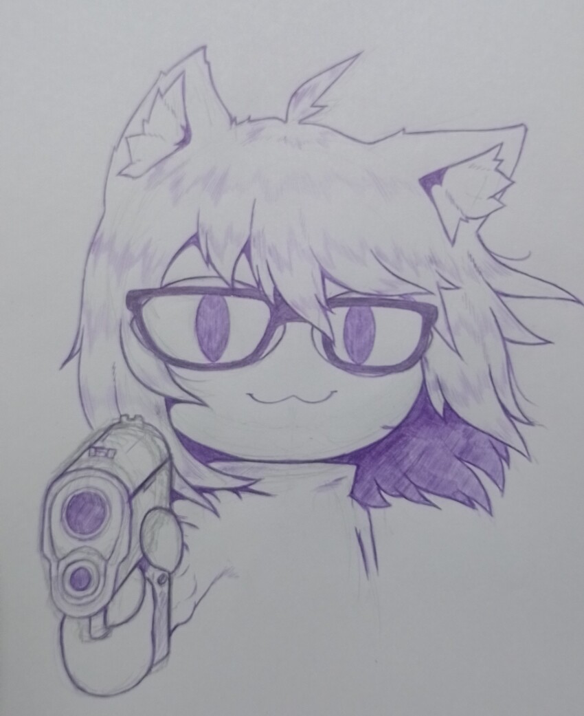 1girl 2024_summer_olympics :3 animal_ears cat_ears cat_girl chasa1990 closed_mouth female_focus glasses gun handgun highres holding holding_gun holding_weapon looking_at_viewer medium_hair monochrome neco-arc olympics pointing pointing_at_viewer portrait solo sweater traditional_media tsukihime weapon